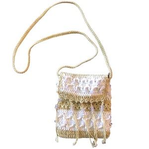 Y2k Crochet Mini Crossbody Purse Crochet Knit Yellow White Beaded Fringe